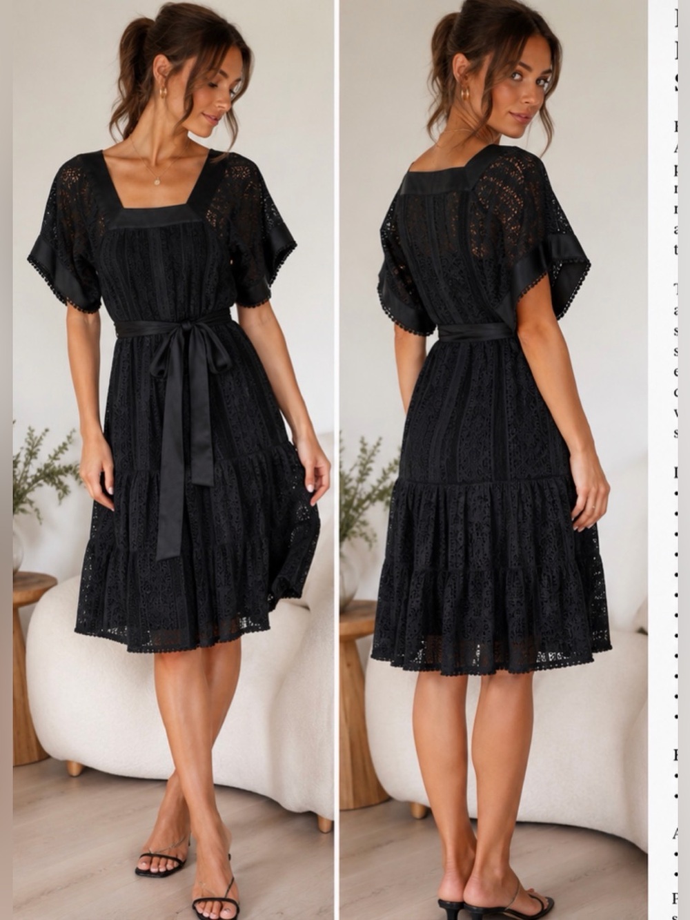 Lover Black Cotton Lace Babydoll Dress Silk Lined Square Neck Belted Size 2